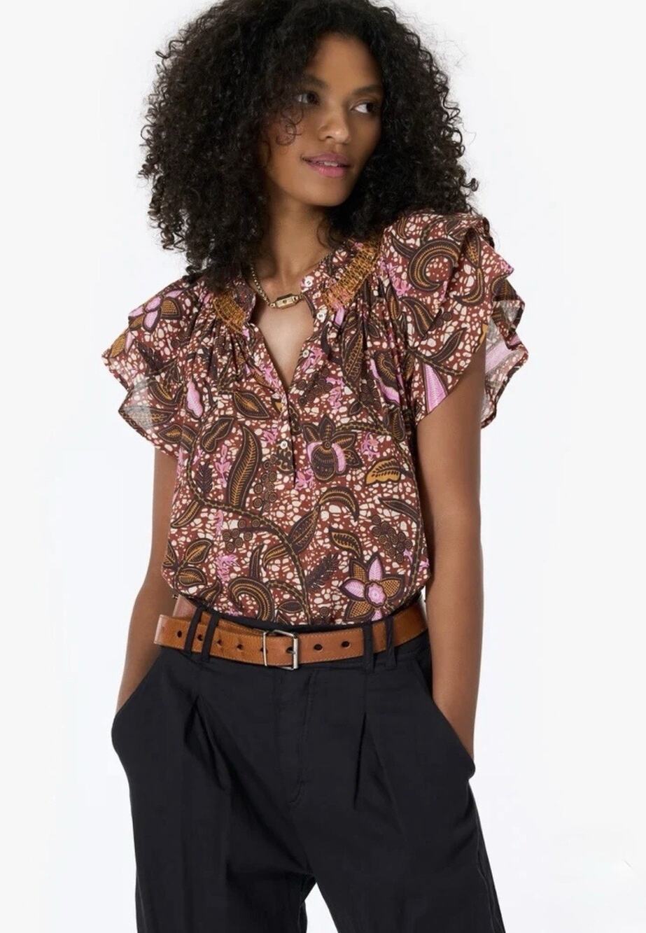 Xirena Sumer Top — XS Earth Tone Batik Print Bohemian Lightweight Peasant Blouse
